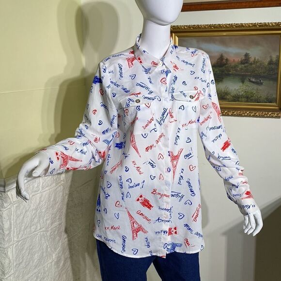 Karl Lagerfeld Paris Amour Red White &Blue Button Down Shirt - Picture 3 of 14